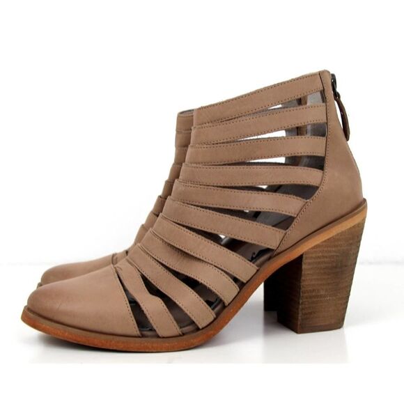 HINGE BEIGE GENUINE LEATHER STRAPPY MED HIGH HEEL BOOTIES BOOTS SHOES 7.5M - Picture 6 of 10